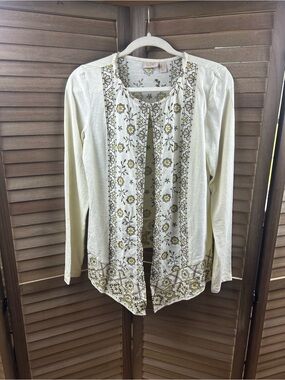 LOGO by Lori Goldstein Women’s Medium Embroidered Open Front Cardigan Ivory